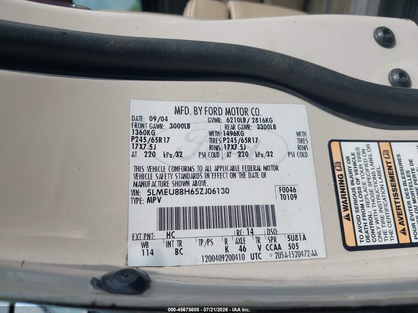 2005 Lincoln Aviator VIN 5LMEU88H65ZJ06130 IAAI salvage auction — REAR END, Salvage (Ohio), sold $325 on 2026-07-31 (photo 9)