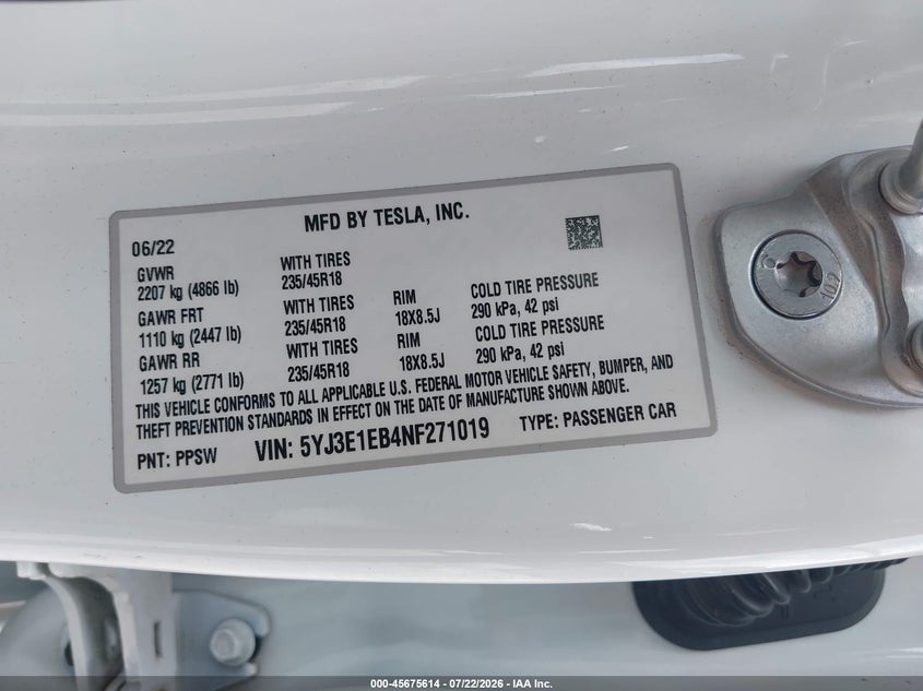 2022 Tesla Model 3 VIN 5YJ3E1EB4NF271019 IAAI salvage auction — REAR END, Salvage (Georgia), sold $9,700 on 2026-09-01 (photo 9)