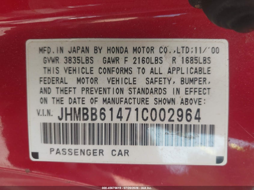 2001 Honda Prelude VIN JHMBB61471C002964 IAAI salvage auction — NORMAL WEAR, Clear (Maryland), sold $100 on 2026-07-28 (photo 9)