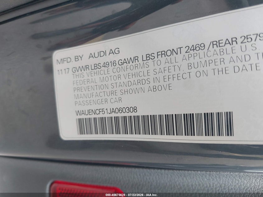2018 Audi A5 VIN WAUENCF51JA060308 IAAI salvage auction — REAR END, Salvage (Idaho), sold $5,200 on 2026-08-01 (photo 9)