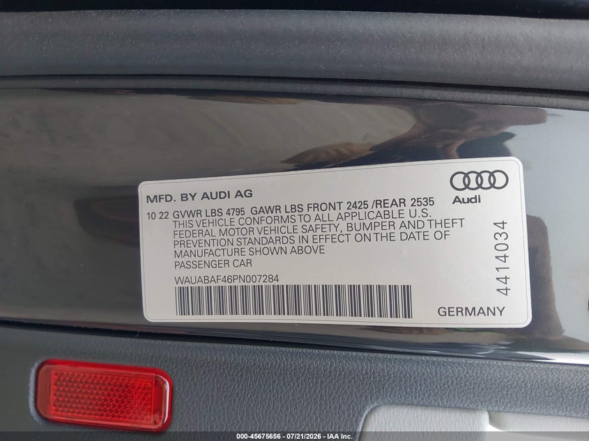 2023 Audi A4 VIN WAUABAF46PN007284 IAAI salvage auction — FRONT END, Salvage (Massachusetts), sold $12,400 on 2026-09-03 (photo 9)