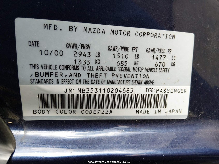 2001 Mazda Mx-5 miata VIN JM1NB353110204683 IAAI salvage auction — NORMAL WEAR, Clear - Dealer Only (California), sold $25 on 2026-07-29 (photo 9)