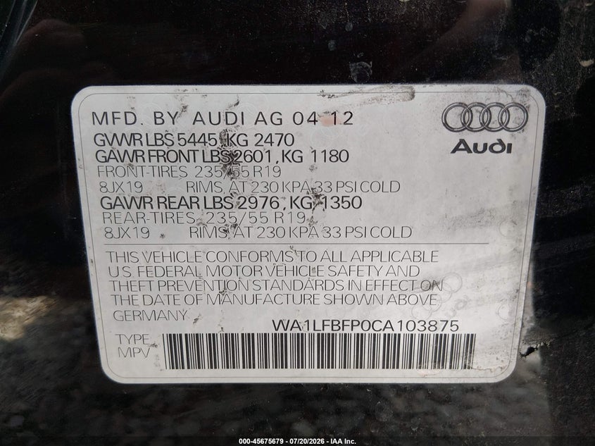 2012 Audi Q5 VIN WA1LFBFP0CA103875 IAAI salvage auction — LEFT SIDE, Clear (Alabama), sold $775 on 2026-07-27 (photo 9)