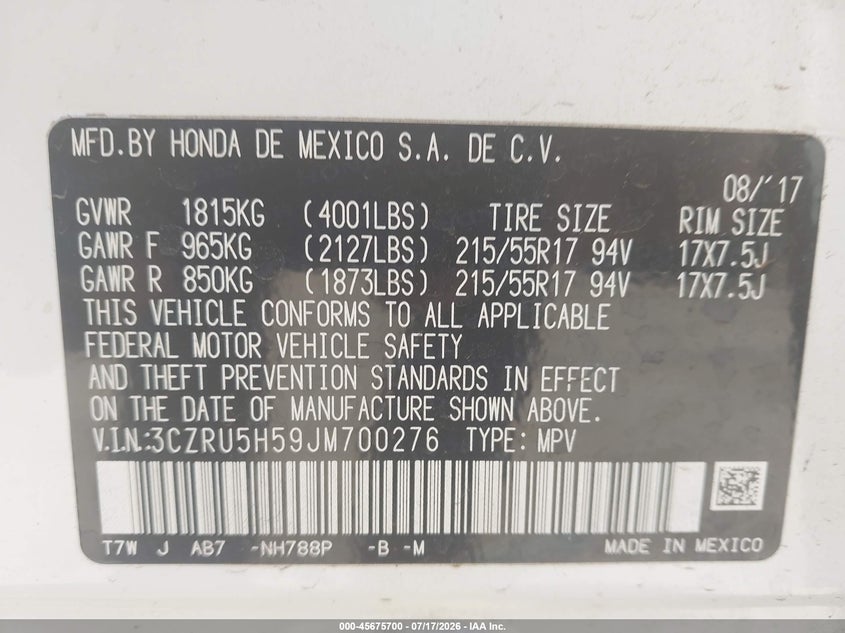 2018 Honda Hr-v VIN 3CZRU5H59JM700276 IAAI salvage auction — FRONT END, Salvage Title, sold $2,300 on 2026-09-22 (photo 9)