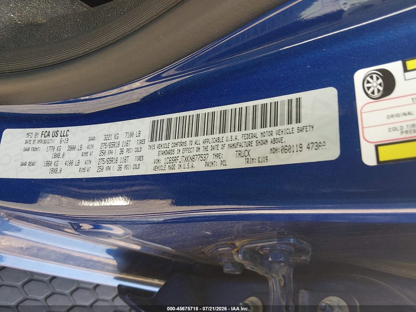 2019 Ram 1500 VIN 1C6SRFJTXKN877537 IAAI salvage auction — RIGHT REAR, Salvage (Illinois), sold $7,600 on 2026-08-22 (photo 9)