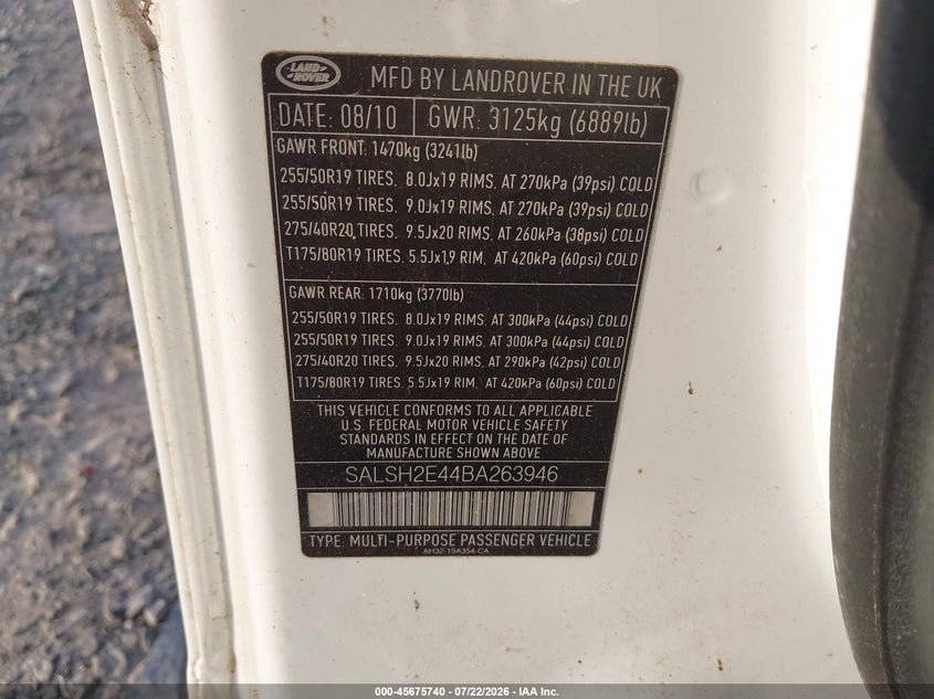 2011 Land rover Range rover sport VIN SALSH2E44BA263946 IAAI salvage auction — NORMAL WEAR, Clear (North Carolina), sold $25 on 2026-07-24 (photo 9)