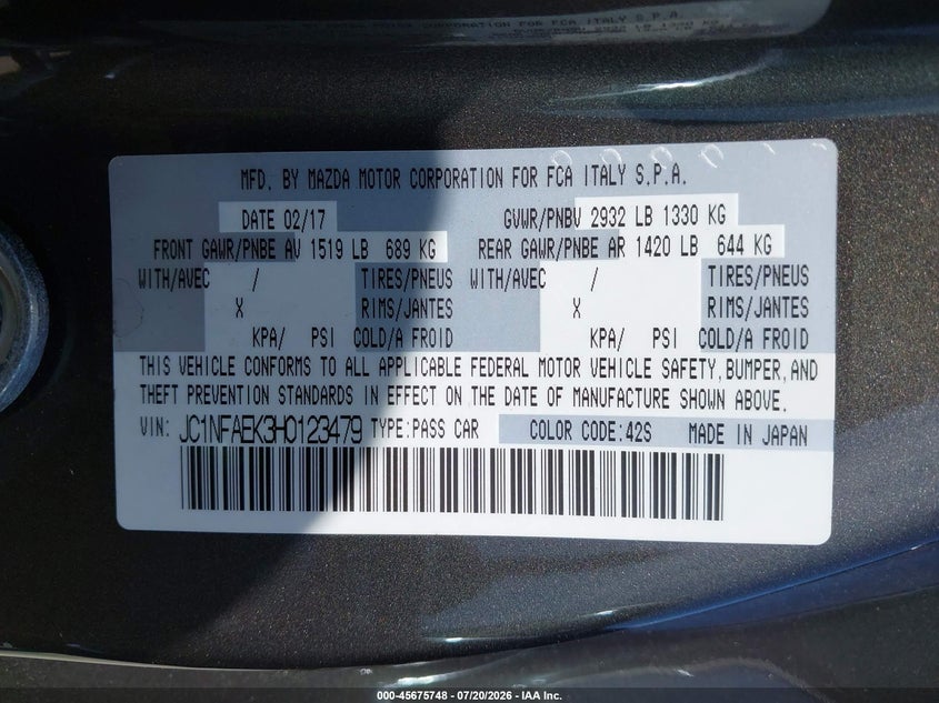 2017 Fiat 124 spider VIN JC1NFAEK3H0123479 IAAI salvage auction — FRONT & REAR, Salvage Title, sold $2,500 on 2026-08-19 (photo 9)