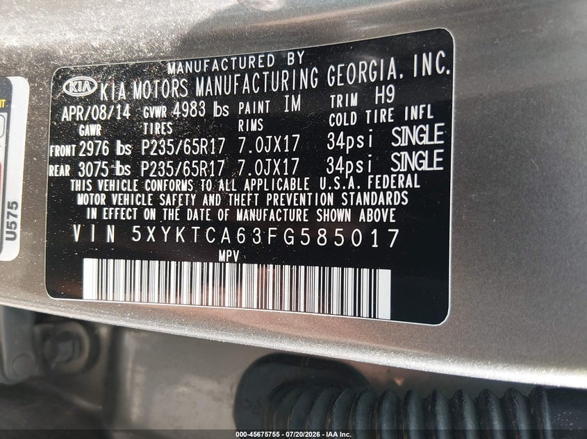 2015 Kia Sorento VIN 5XYKTCA63FG585017 IAAI salvage auction — NORMAL WEAR, Clear (Delaware), sold $900 on 2026-07-30 (photo 9)