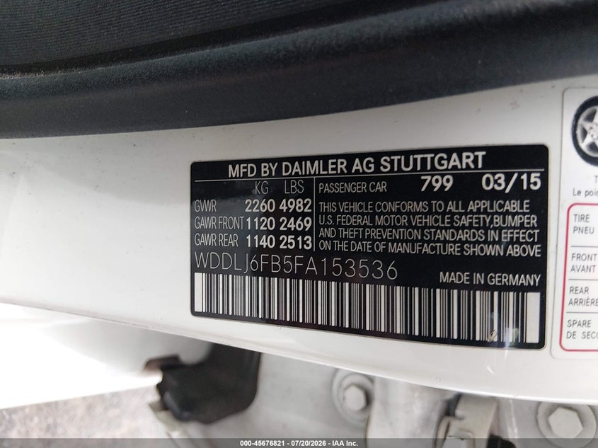2015 Mercedes-benz Clc-klasse VIN WDDLJ6FB5FA153536 IAAI salvage auction — LEFT SIDE, Salvage Title, sold $3,800 on 2026-08-12 (photo 9)