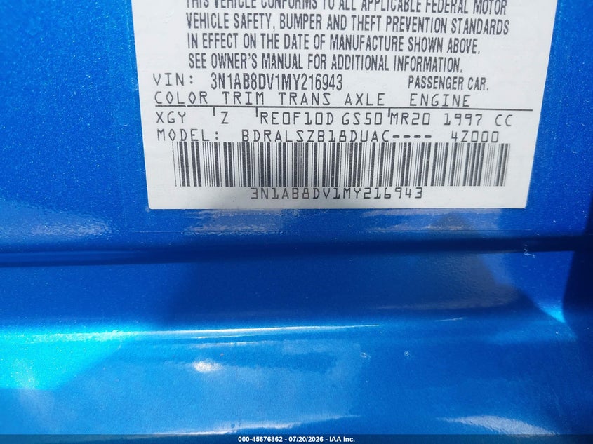 2021 Nissan Sentra VIN 3N1AB8DV1MY216943 IAAI salvage auction — REAR END, Wait Title, sold $4,500 on 2026-08-20 (photo 9)
