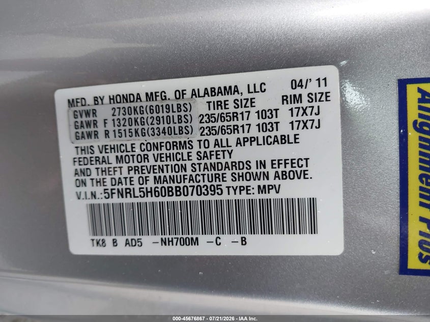 2011 Honda Odyssey VIN 5FNRL5H60BB070395 IAAI salvage auction — NORMAL WEAR, Original (Ohio), sold $525 on 2026-08-01 (photo 9)