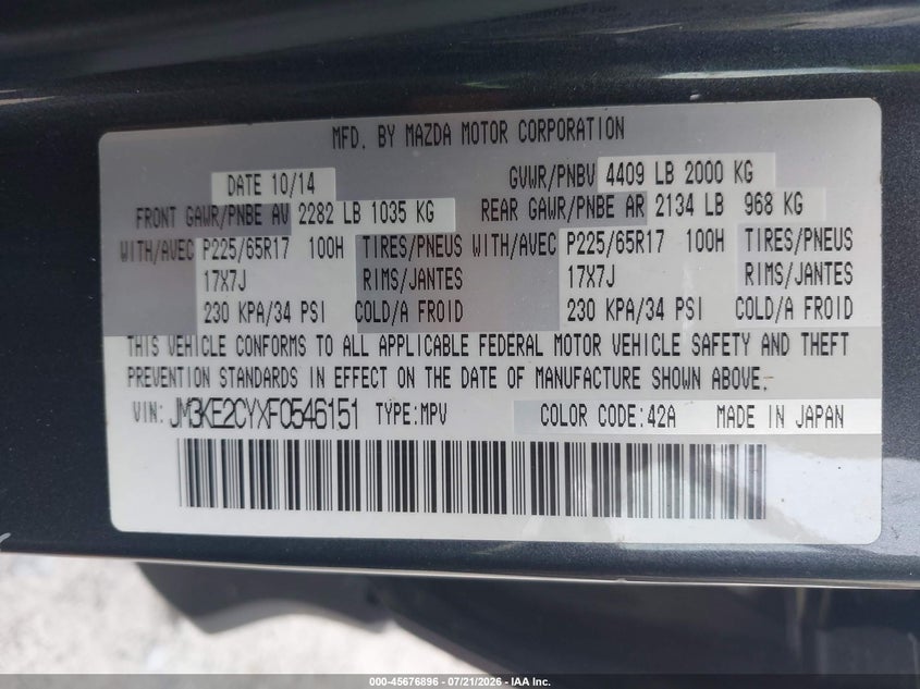 2015 Mazda Cx-5 VIN JM3KE2CYXF0546151 IAAI salvage auction — NORMAL WEAR, Clear (Georgia), sold $2,250 on 2026-07-28 (photo 9)
