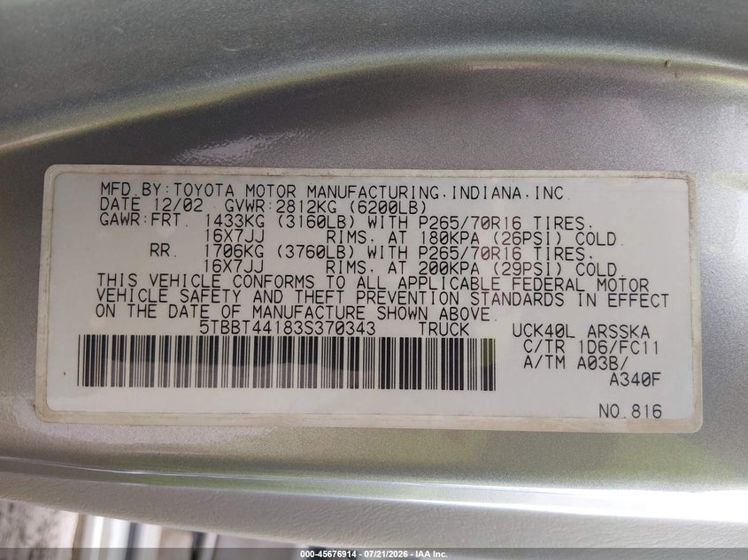 2003 Toyota Tundra VIN 5TBBT44183S370343 IAAI salvage auction — NORMAL WEAR, Original (Vermont), sold $75 on 2026-07-23 (photo 9)