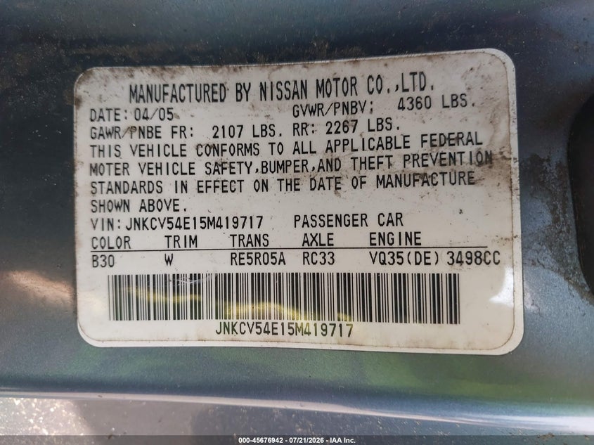 2005 Infiniti G35 VIN JNKCV54E15M419717 IAAI salvage auction — NORMAL WEAR, Clear (Washington), sold $25 on 2026-07-29 (photo 9)