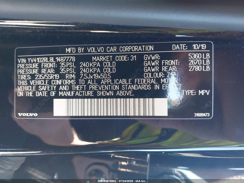 2020 Volvo Xc60 VIN YV4102RL8L1487778 IAAI salvage auction — FRONT END, Bill Of Sale (Washington), sold $10,550 on 2026-08-05 (photo 9)