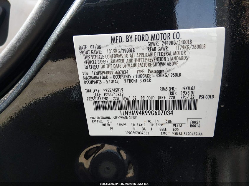 2009 Lincoln Mks VIN 1LNHM94R99G607034 IAAI salvage auction — NORMAL WEAR, Clear - Public Restricted (Oklahoma), sold $650 on 2026-08-01 (photo 9)