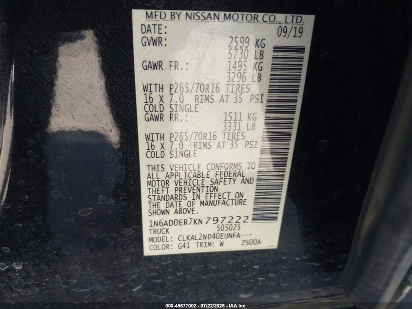 2019 Nissan Navara (frontier) VIN 1N6AD0ER7KN797222 IAAI salvage auction — FRONT END, Salvage Title, sold $5,600 on 2026-08-03 (photo 9)