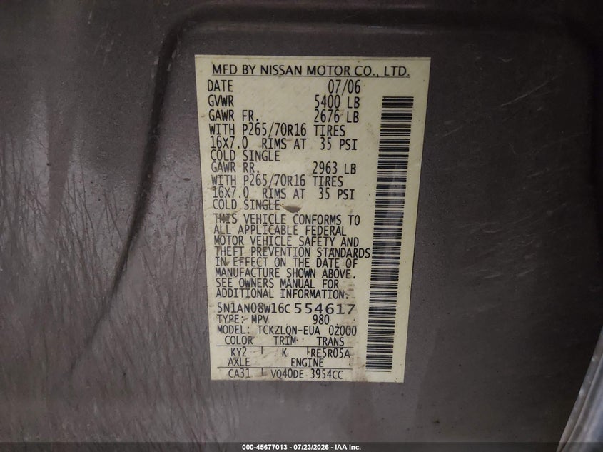 2006 Nissan Xterra VIN 5N1AN08W16C554617 IAAI salvage auction — RIGHT FRONT, Bill Of Sale (Alaska), sold $400 on 2026-07-30 (photo 9)