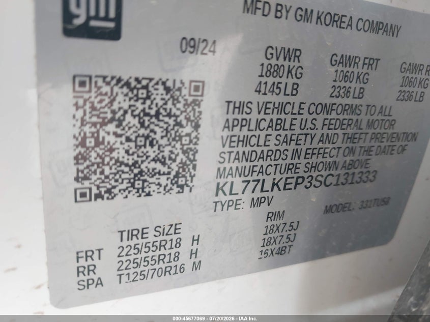 2025 Chevrolet Trax VIN KL77LKEP3SC131333 IAAI salvage auction — RIGHT FRONT, Original (Texas), sold $1,500 on 2026-07-29 (photo 9)