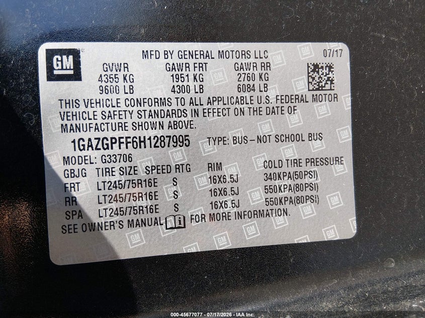 2017 Chevrolet Express 3500 VIN 1GAZGPFF6H1287995 IAAI salvage auction — NORMAL WEAR, SF97 (Oregon), sold $19,500 on 2026-08-26 (photo 9)