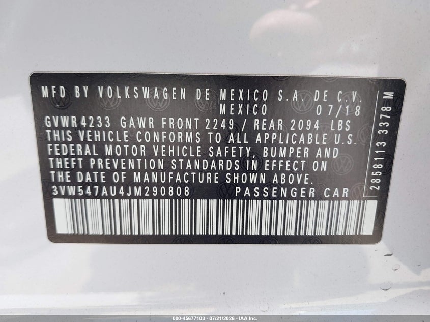 2018 Volkswagen Golf gti VIN 3VW547AU4JM290808 IAAI salvage auction — LEFT FRONT, Salvage Title, sold $7,400 on 2026-09-08 (photo 9)