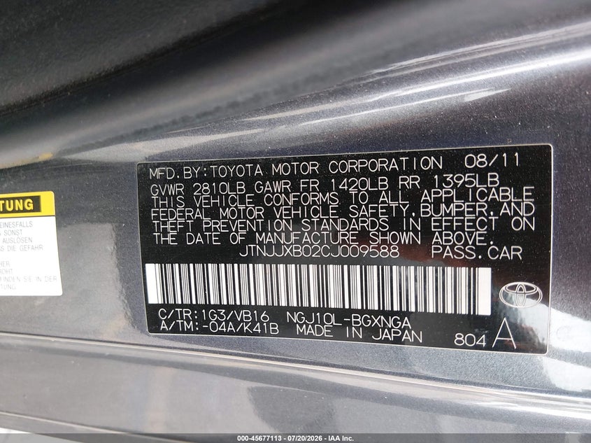 2012 Scion Iq VIN JTNJJXB02CJ009588 IAAI salvage auction — FRONT & REAR, Salvage Title, sold $625 on 2026-08-18 (photo 9)