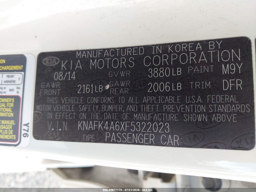 2015 Kia Forte VIN KNAFK4A6XF5322023 IAAI salvage auction — REAR END, Wait Title, sold $1,350 on 2026-07-31 (photo 9)