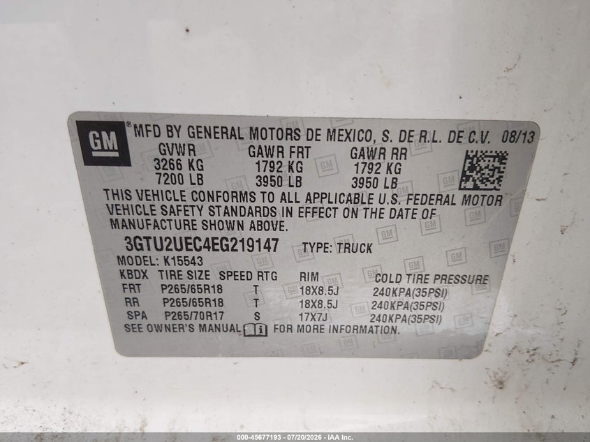2014 Gmc Sierra 1500 VIN 3GTU2UEC4EG219147 IAAI salvage auction — NORMAL WEAR, Clear (Illinois), sold $2,700 on 2026-07-31 (photo 9)