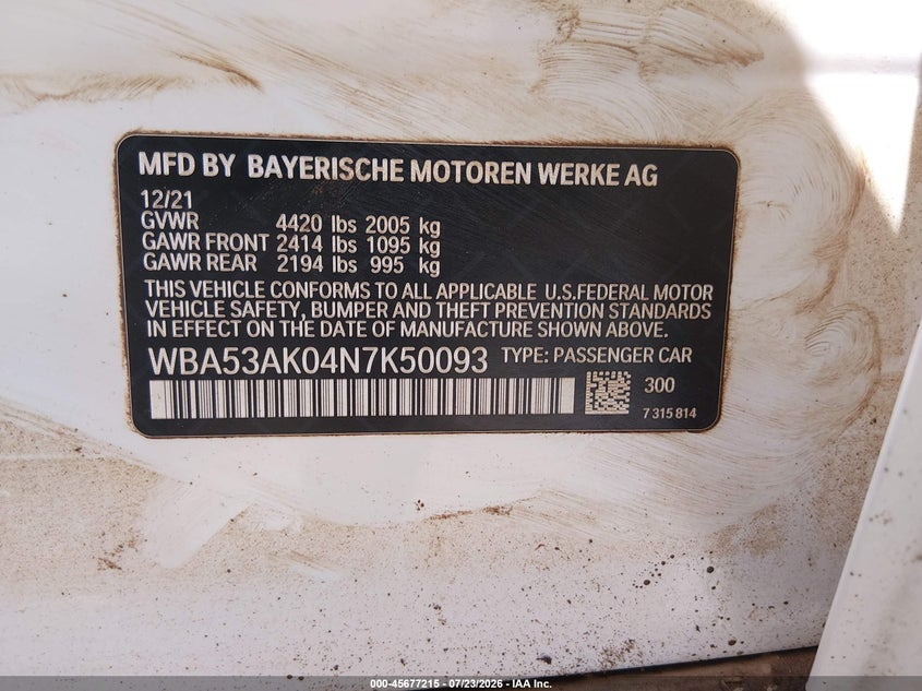 2022 BMW 2er VIN WBA53AK04N7K50093 IAAI salvage auction — WATER/FLOOD, Wait Title, sold $2,000 on 2026-08-17 (photo 9)