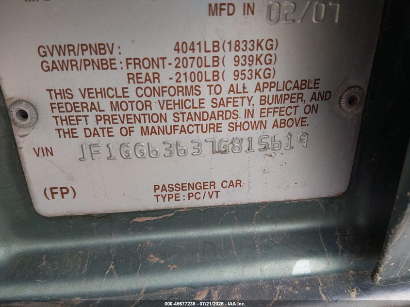 2007 Subaru Impreza VIN JF1GG63637G815619 IAAI salvage auction — SIDE, Salvage (New Mexico), sold $25 on 2026-07-29 (photo 9)