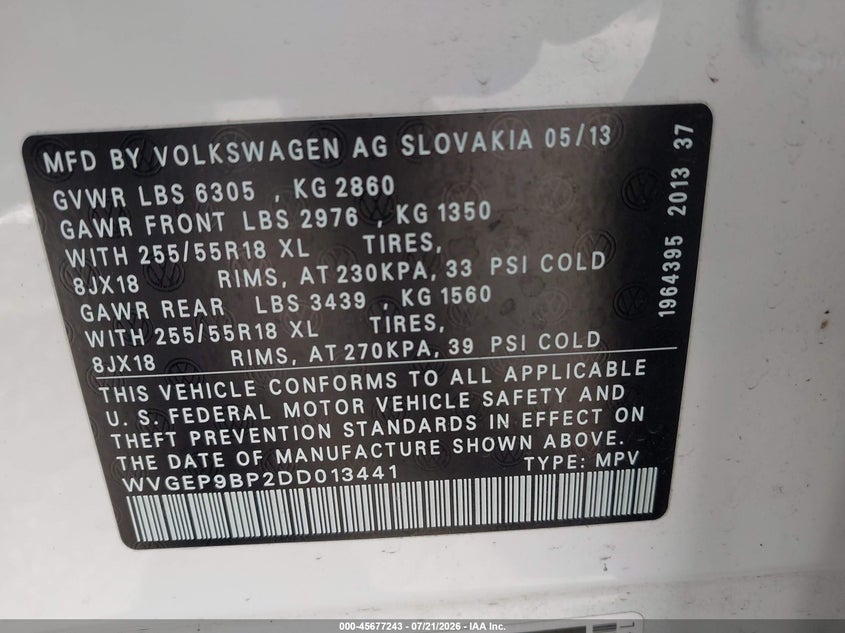 2013 Volkswagen Touareg VIN WVGEP9BP2DD013441 IAAI salvage auction — FRONT END, Salvage Title, sold $825 on 2026-08-10 (photo 9)