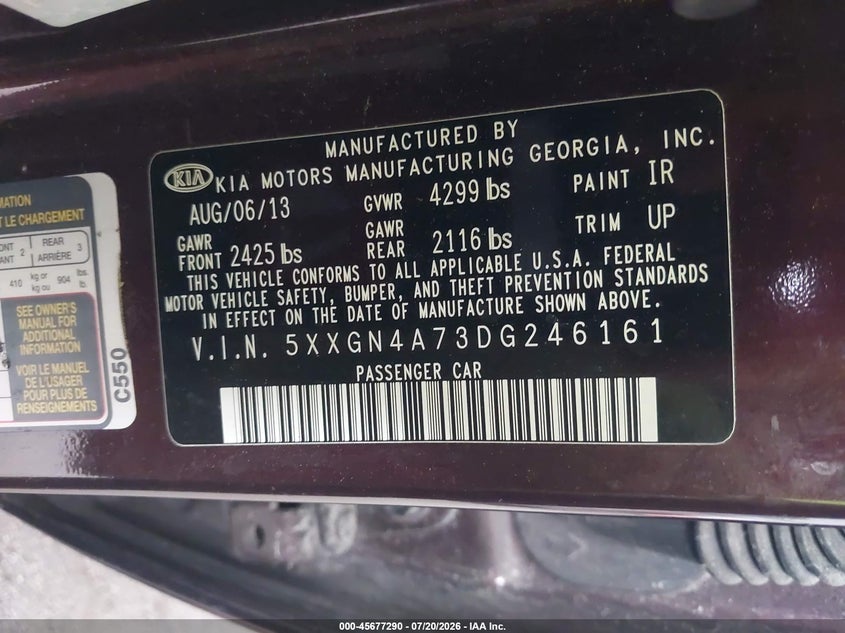 2013 Kia Optima VIN 5XXGN4A73DG246161 IAAI salvage auction — NORMAL WEAR, Clear (Florida), sold $325 on 2026-07-22 (photo 9)