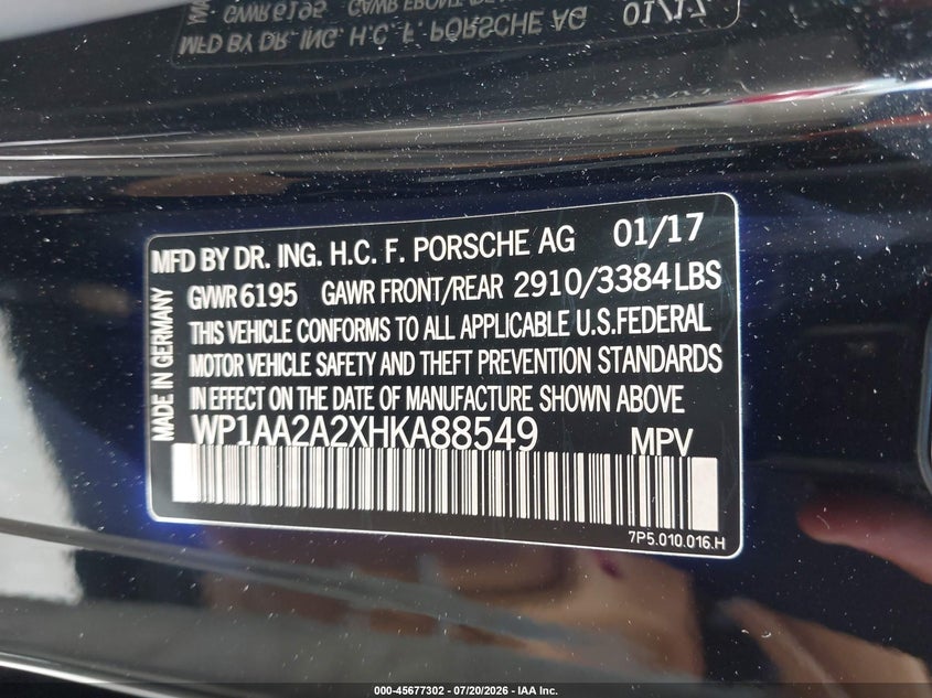 2017 Porsche Cayenne VIN WP1AA2A2XHKA88549 IAAI salvage auction — NORMAL WEAR, Clear - Dealer Only (California), sold $1,250 on 2026-07-30 (photo 9)