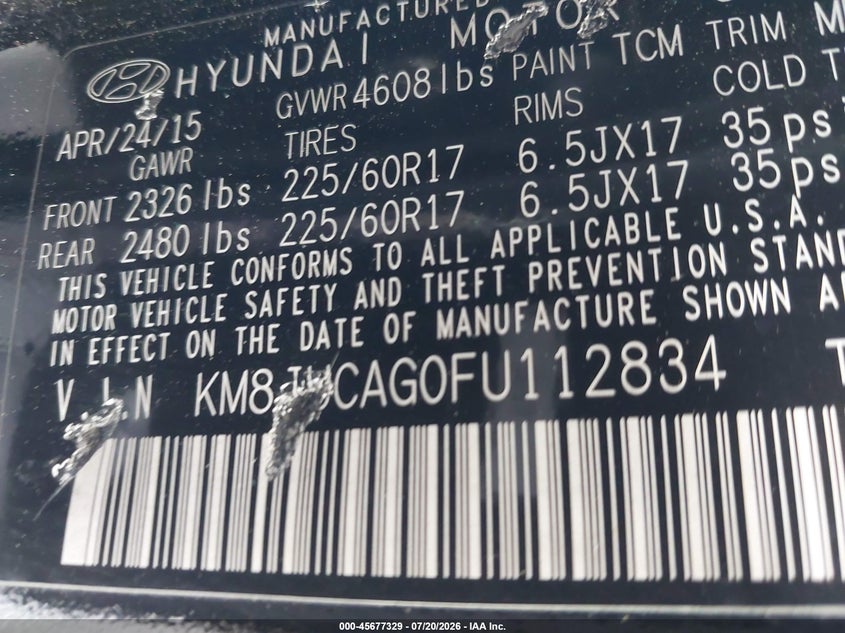 2015 Hyundai Tucson VIN KM8JUCAG0FU112834 IAAI salvage auction — NORMAL WEAR, Clear - Dealer Only (California), sold $1,100 on 2026-07-29 (photo 9)