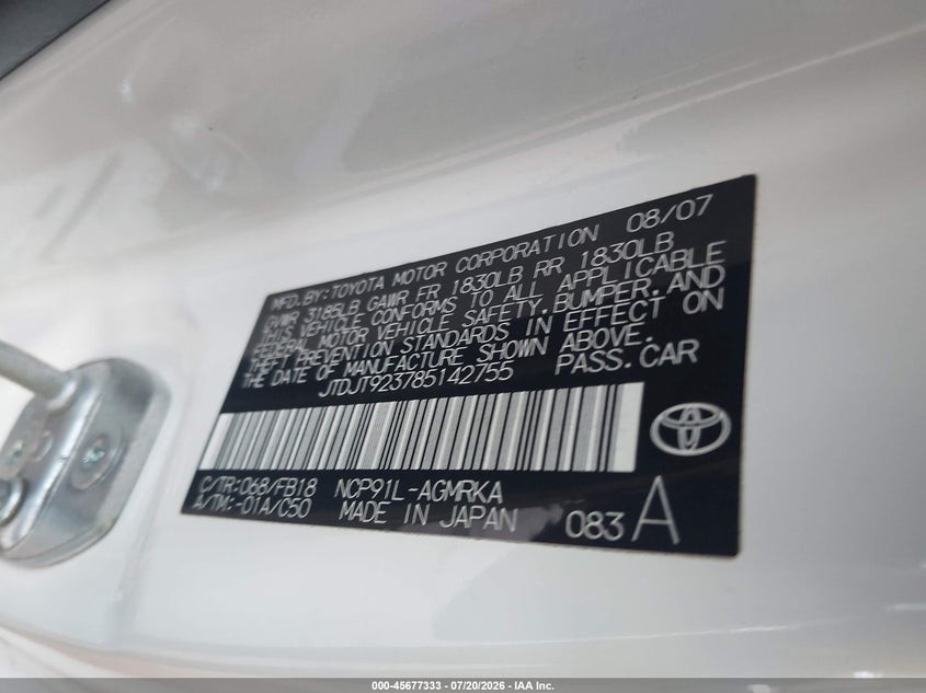 2008 Toyota Yaris VIN JTDJT923785142755 IAAI salvage auction — NORMAL WEAR, Clear - Dealer Only (California), sold $25 on 2026-07-28 (photo 9)
