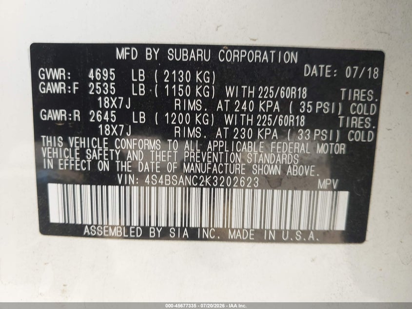 2019 Subaru Outback VIN 4S4BSANC2K3202623 IAAI salvage auction — LEFT REAR, Wait Title, sold $4,500 on 2026-08-24 (photo 9)
