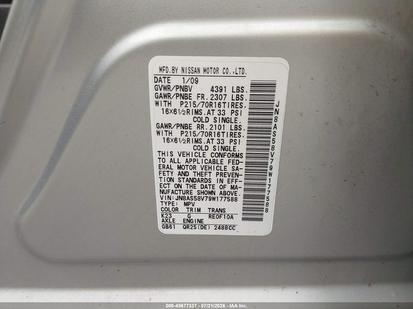 2009 Nissan Rogue sport VIN JN8AS58V79W177588 IAAI salvage auction — NORMAL WEAR, Clear (New York), sold $50 on 2026-07-30 (photo 9)