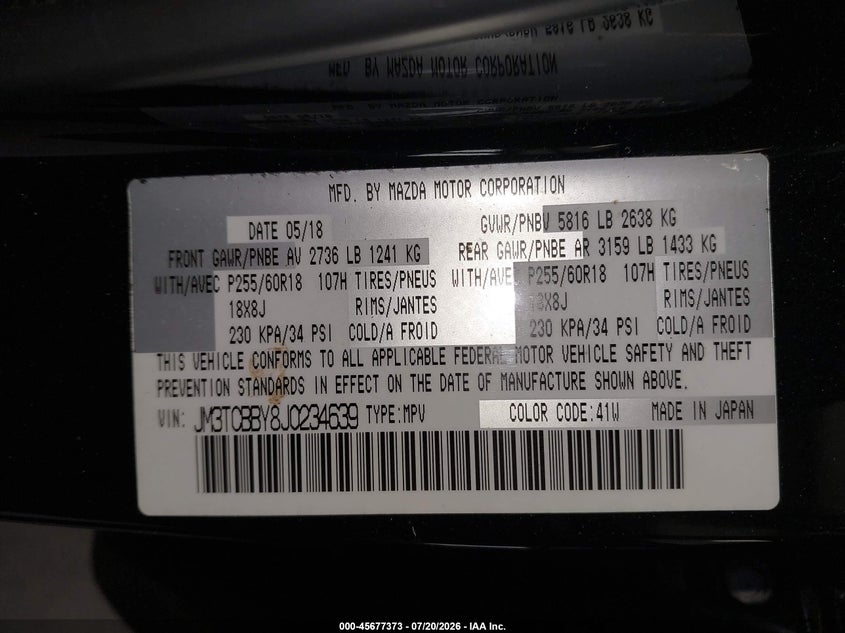 2018 Mazda Cx-9 VIN JM3TCBBY8J0234639 IAAI salvage auction — SIDE, Wait Title, sold $3,550 on 2026-08-02 (photo 9)