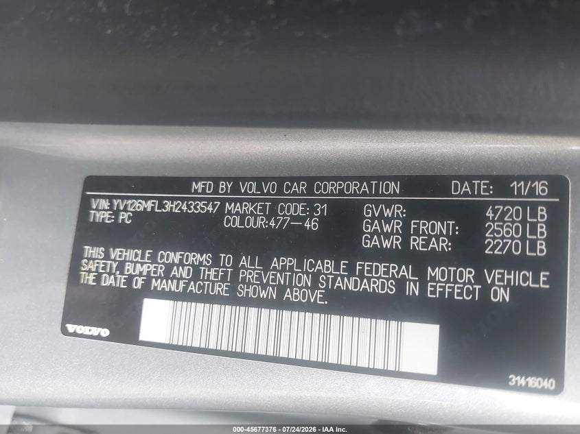 2017 Volvo S60 VIN YV126MFL3H2433547 IAAI salvage auction — NORMAL WEAR, Salvage Title, sold $725 on 2026-08-04 (photo 9)