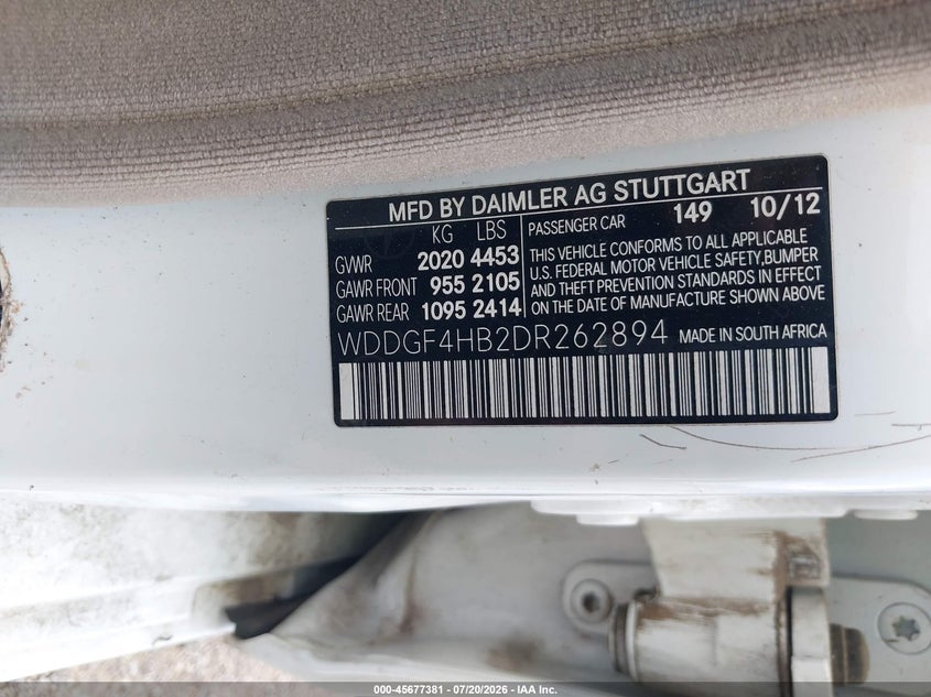 2013 Mercedes-benz C-klasse VIN WDDGF4HB2DR262894 IAAI salvage auction — NORMAL WEAR, Original (Texas), sold $450 on 2026-08-12 (photo 9)