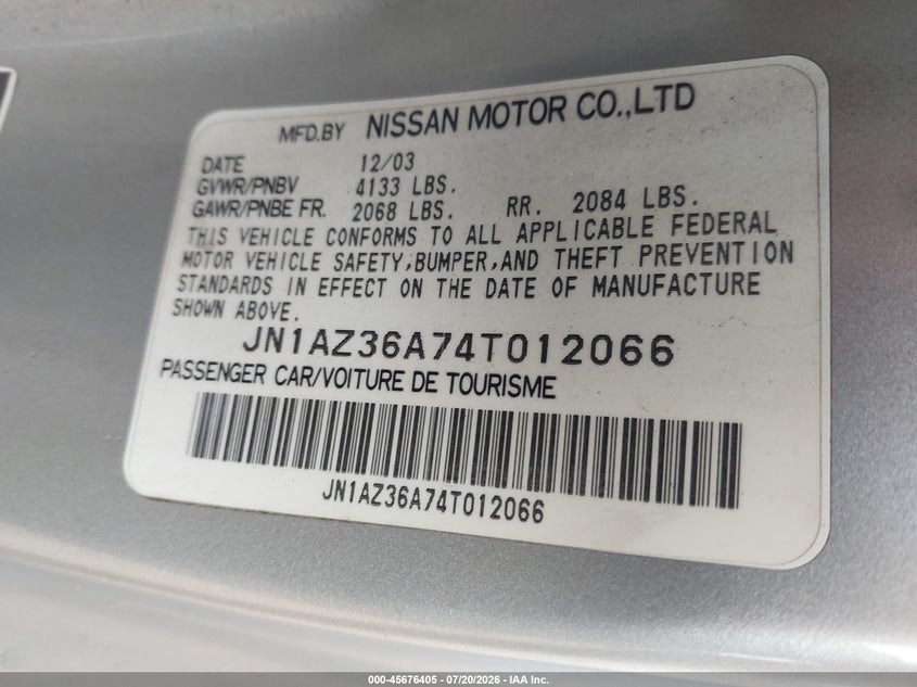 2004 Nissan 350z VIN JN1AZ36A74T012066 IAAI salvage auction — NORMAL WEAR, Clear-Dealer Only (Arizona), sold $25 on 2026-07-30 (photo 9)