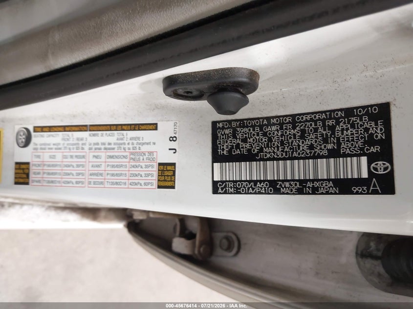 2010 Toyota Prius VIN JTDKN3DU1A0237798 IAAI salvage auction — NORMAL WEAR, Clear (North Carolina), sold $175 on 2026-07-30 (photo 9)