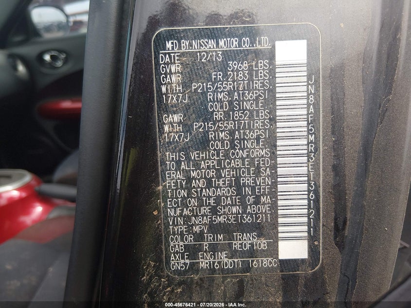 2014 Nissan Juke VIN JN8AF5MR3ET361211 IAAI salvage auction — NORMAL WEAR, Clear-Dealer Only (Arizona), sold $200 on 2026-07-28 (photo 9)