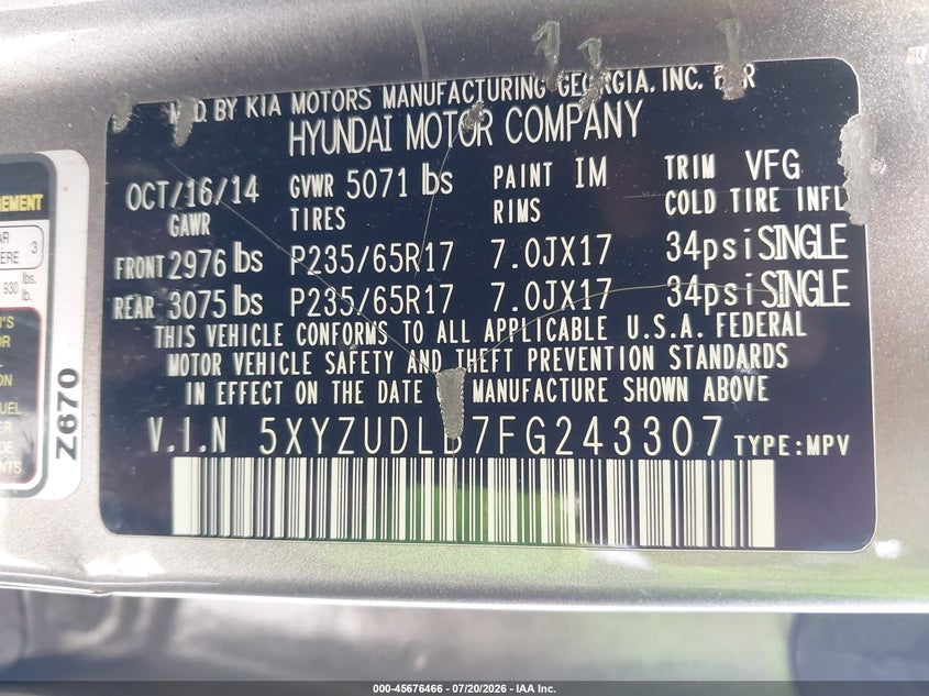 2015 Hyundai Santa fe VIN 5XYZUDLB7FG243307 IAAI salvage auction — NORMAL WEAR, Clear-Dealer Only (North Carolina), sold $250 on 2026-07-28 (photo 9)