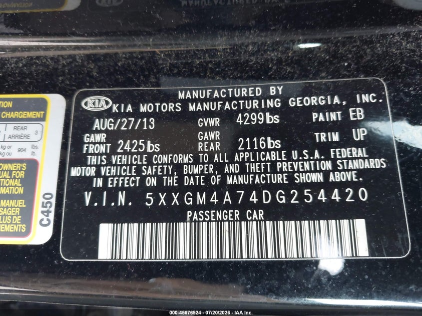 2013 Kia Optima VIN 5XXGM4A74DG254420 IAAI salvage auction — NORMAL WEAR, Clear (Pennsylvania), sold $825 on 2026-07-29 (photo 9)