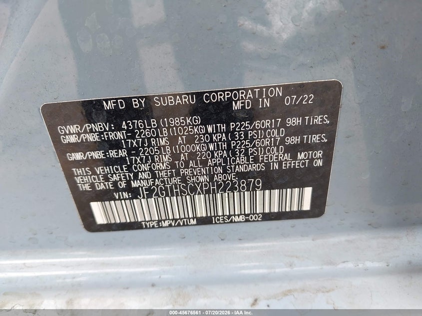 2023 Subaru Xv VIN JF2GTHSCXPH223879 IAAI salvage auction — NORMAL WEAR, Salvage Title - Dealer (California), sold $1,150 on 2026-07-28 (photo 9)