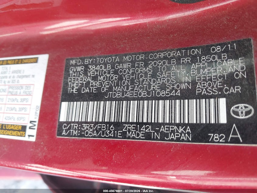 2011 Toyota Corolla VIN JTDBU4EE0BJ108544 IAAI salvage auction — NORMAL WEAR, Clear (Georgia), sold $1,050 on 2026-07-28 (photo 9)