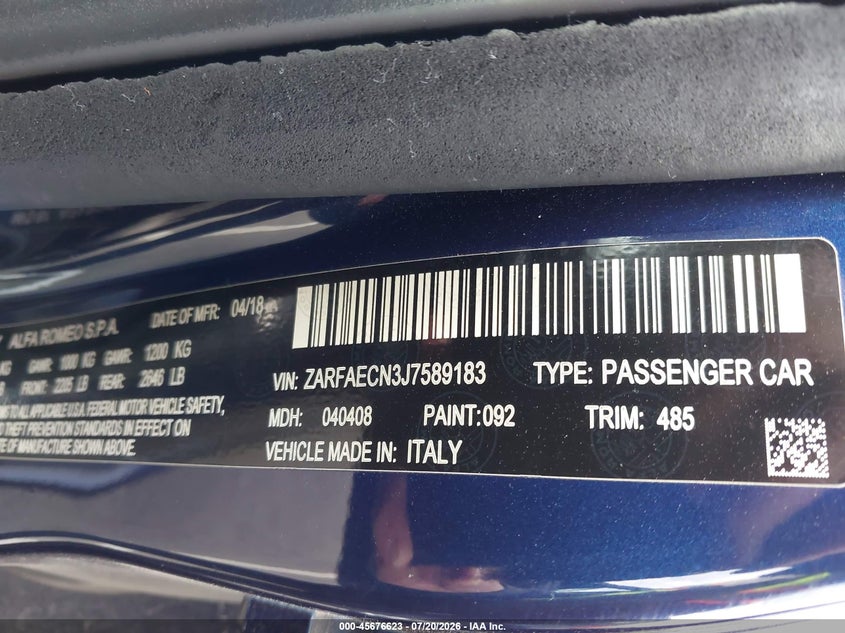 2018 Alfa romeo Giulia VIN ZARFAECN3J7589183 IAAI salvage auction — FRONT END, Clear - Dealer Only (California), sold $400 on 2026-08-05 (photo 9)