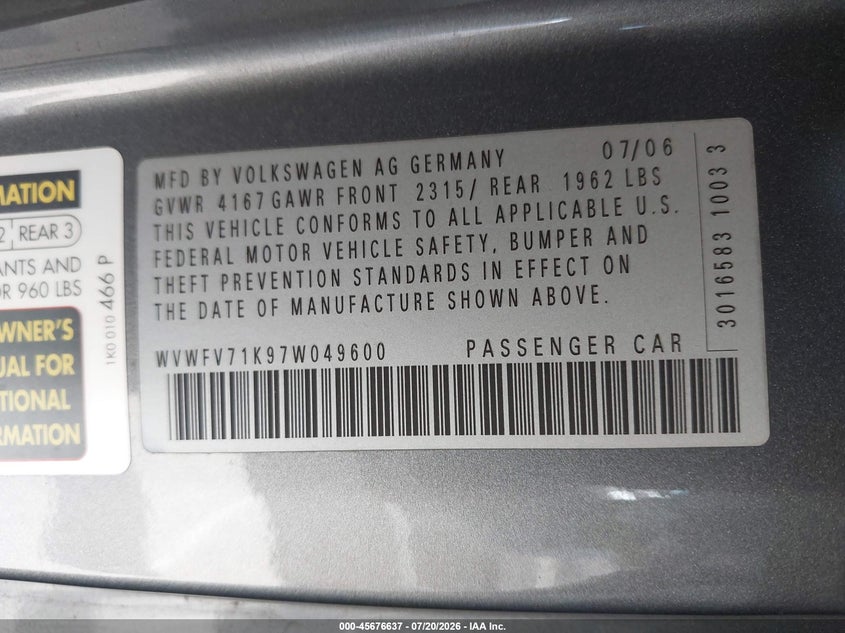 2007 Volkswagen Gti VIN WVWFV71K97W049600 IAAI salvage auction — NORMAL WEAR, Clear - Dealer Only (California), sold $650 on 2026-08-06 (photo 9)