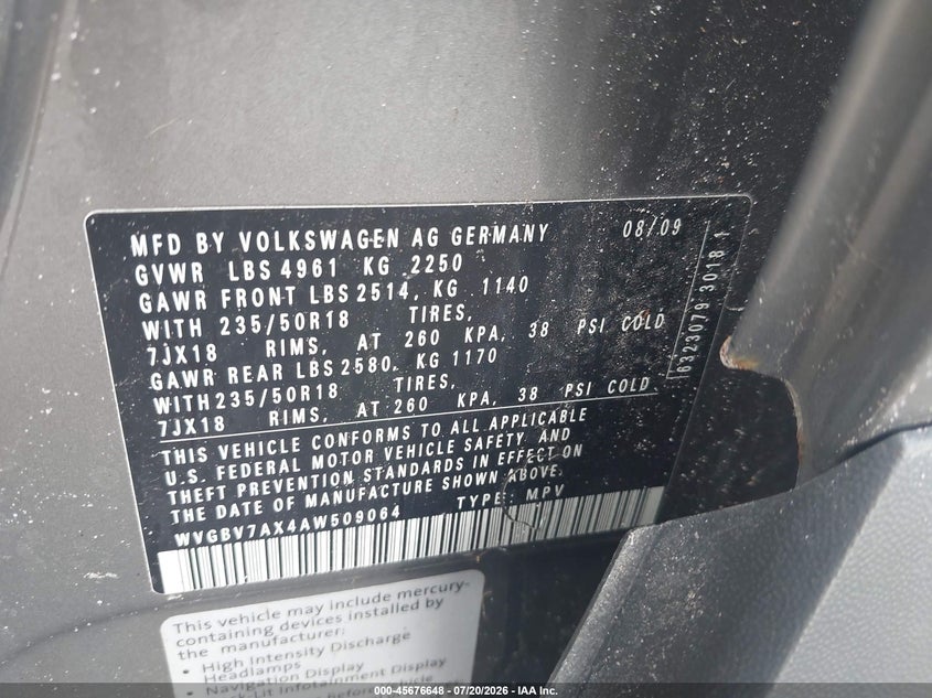 2010 Volkswagen Tiguan VIN WVGBV7AX4AW509064 IAAI salvage auction — NORMAL WEAR, Clear (Florida), sold $25 on 2026-07-29 (photo 9)